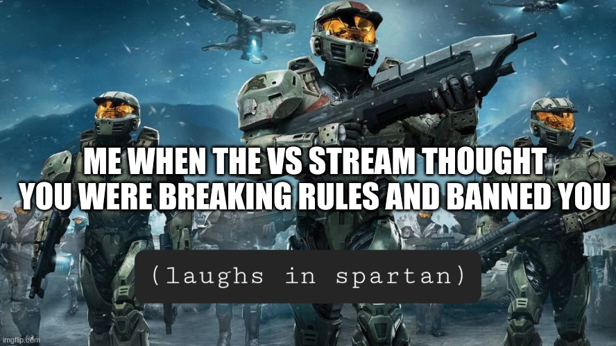 Laughs in spartan | ME WHEN THE VS STREAM THOUGHT YOU WERE BREAKING RULES AND BANNED YOU | image tagged in laughs in spartan | made w/ Imgflip meme maker