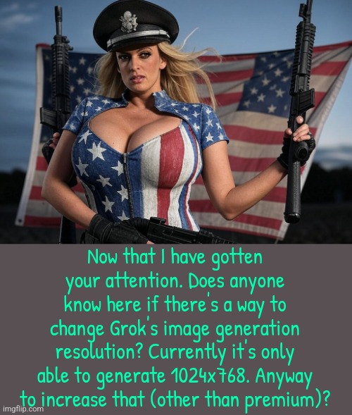 Stormy Daniels | Now that I have gotten your attention. Does anyone know here if there's a way to change Grok's image generation resolution? Currently it's only able to generate 1024x768. Anyway to increase that (other than premium)? | image tagged in stormy daniels,help | made w/ Imgflip meme maker