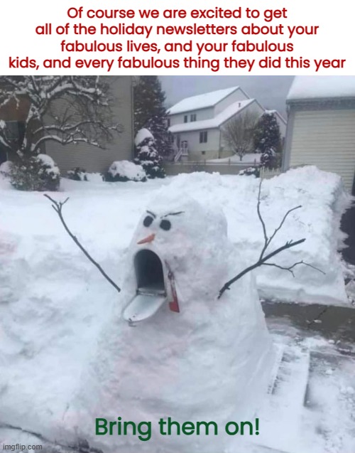 Why does the mailbox look so cold and bitter? | Of course we are excited to get all of the holiday newsletters about your fabulous lives, and your fabulous kids, and every fabulous thing they did this year; Bring them on! | image tagged in funny memes,christmas,mail | made w/ Imgflip meme maker