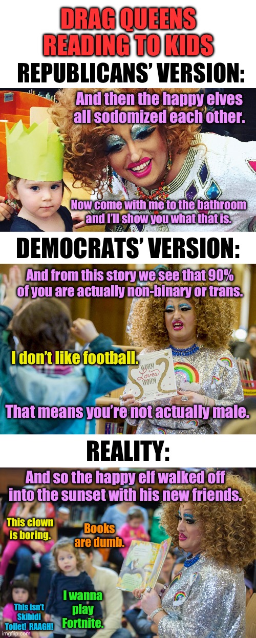 Both sides are wrong and kids have bigger issues | DRAG QUEENS READING TO KIDS; REPUBLICANS’ VERSION:; And then the happy elves all sodomized each other. Now come with me to the bathroom and I’ll show you what that is. DEMOCRATS’ VERSION:; And from this story we see that 90% of you are actually non-binary or trans. I don’t like football. That means you’re not actually male. REALITY:; And so the happy elf walked off into the sunset with his new friends. This clown is boring. Books are dumb. I wanna play Fortnite. This isn’t Skibidi Toilet!  RAAGH! | image tagged in gender identity,culture war,fortnite,skibidi toilet,drag queen,teaching | made w/ Imgflip meme maker