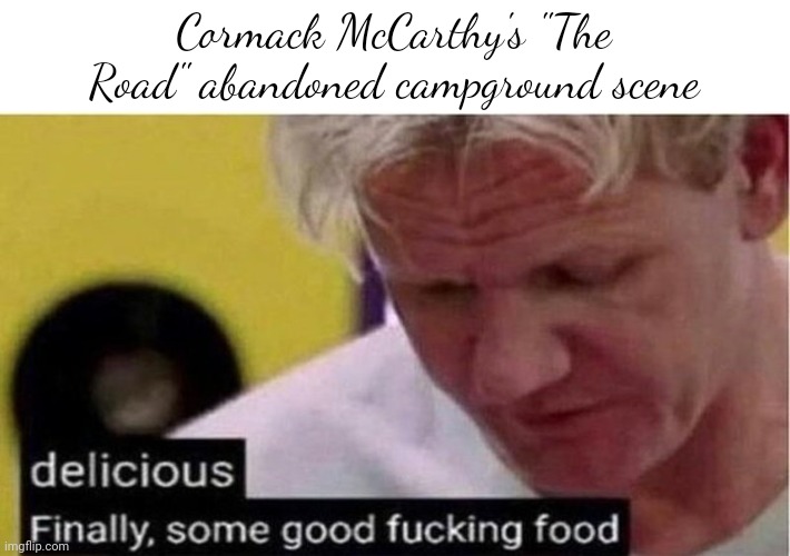 the book look it up for reference | Cormack McCarthy's "The Road" abandoned campground scene | image tagged in gordon ramsay some good food | made w/ Imgflip meme maker