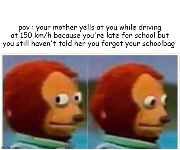 (。_。) | pov : your mother yells at you while driving at 150 km/h because you're late for school but you still haven't told her you forgot your schoolbag | image tagged in memes,monkey puppet | made w/ Imgflip meme maker