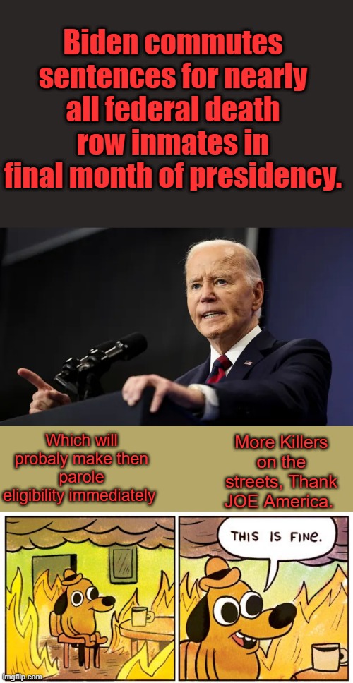 Biden commutes sentences for nearly all federal death row inmates in final month of presidency. More Killers on the streets, Thank JOE America. Which will probaly make then parole eligibility immediately | image tagged in memes,this is fine | made w/ Imgflip meme maker