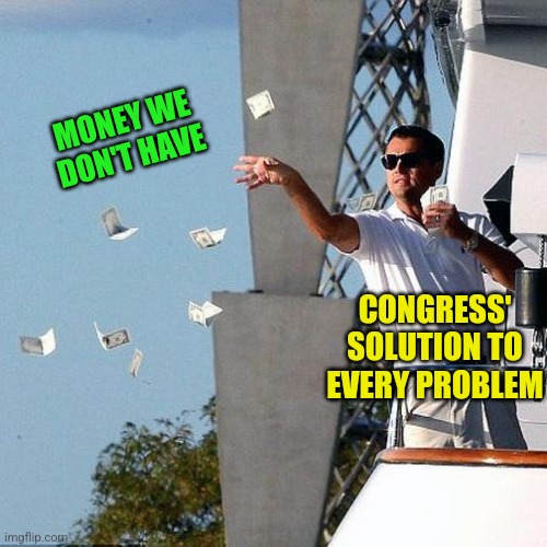 Leo Throwing Money | MONEY WE DON'T HAVE CONGRESS' SOLUTION TO EVERY PROBLEM | image tagged in leo throwing money | made w/ Imgflip meme maker