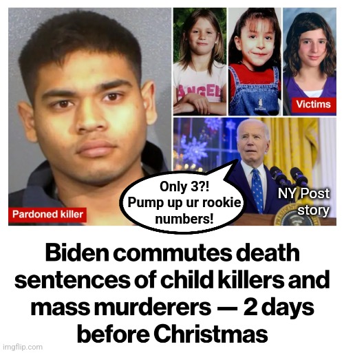 Injustice and a danger to more people | Only 3?!
Pump up ur rookie
numbers! NY Post
story | image tagged in memes,joe biden,pardon,children,murderers,democrats | made w/ Imgflip meme maker