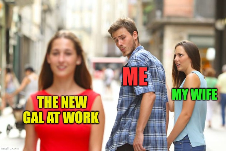 New | ME; MY WIFE; THE NEW GAL AT WORK | image tagged in memes,distracted boyfriend,funny memes | made w/ Imgflip meme maker