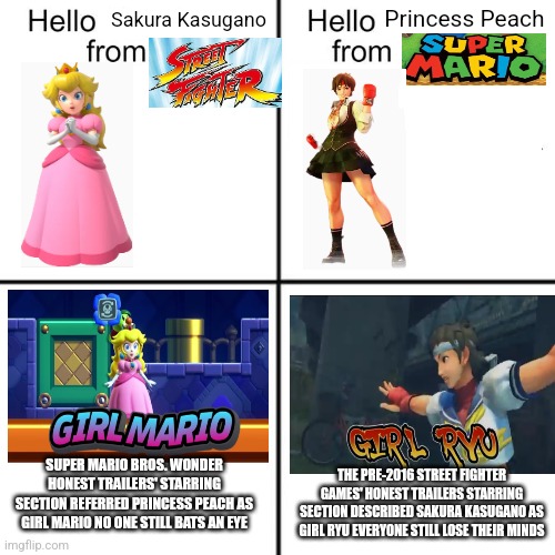 hello person from | Sakura Kasugano; Princess Peach; SUPER MARIO BROS. WONDER HONEST TRAILERS' STARRING SECTION REFERRED PRINCESS PEACH AS GIRL MARIO NO ONE STILL BATS AN EYE; THE PRE-2016 STREET FIGHTER GAMES' HONEST TRAILERS STARRING SECTION DESCRIBED SAKURA KASUGANO AS GIRL RYU EVERYONE STILL LOSE THEIR MINDS | image tagged in hello person from,super mario bros wonder,street fighter,honest trailers | made w/ Imgflip meme maker