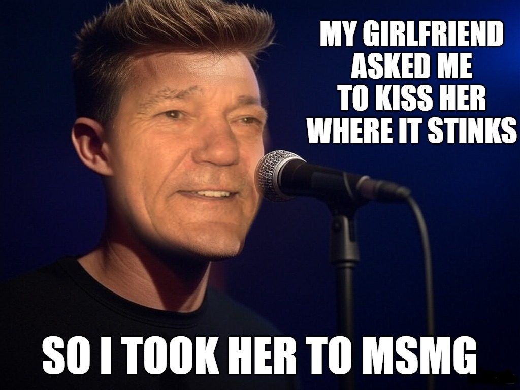 MY GIRLFRIEND ASKED ME TO KISS HER WHERE IT STINKS; SO I TOOK HER TO MSMG | image tagged in kewlew on stage the most handsome man on earth | made w/ Imgflip meme maker