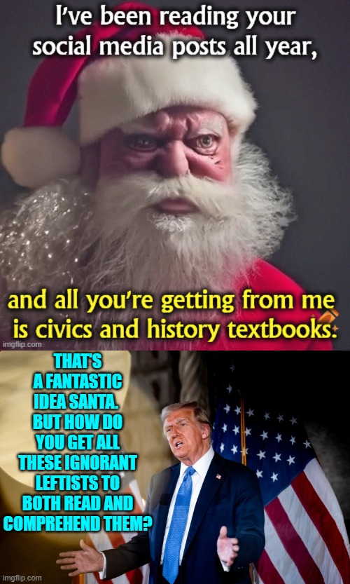 "You can lead a wh*re to culture; but you cannot make her think." -- Dorthey Parker | THAT'S A FANTASTIC IDEA SANTA.  BUT HOW DO YOU GET ALL THESE IGNORANT LEFTISTS TO BOTH READ AND COMPREHEND THEM? | image tagged in yep | made w/ Imgflip meme maker