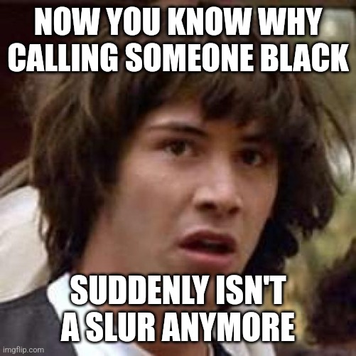 Conspiracy Keanu Meme | NOW YOU KNOW WHY CALLING SOMEONE BLACK SUDDENLY ISN'T A SLUR ANYMORE | image tagged in memes,conspiracy keanu | made w/ Imgflip meme maker