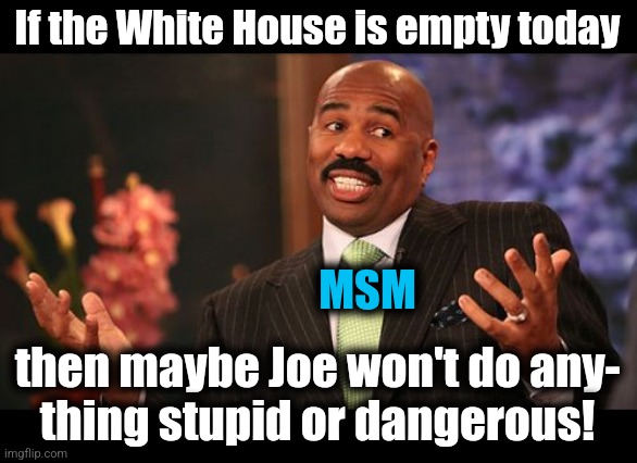 Steve Harvey Meme | If the White House is empty today then maybe Joe won't do any-
thing stupid or dangerous! MSM | image tagged in memes,steve harvey | made w/ Imgflip meme maker