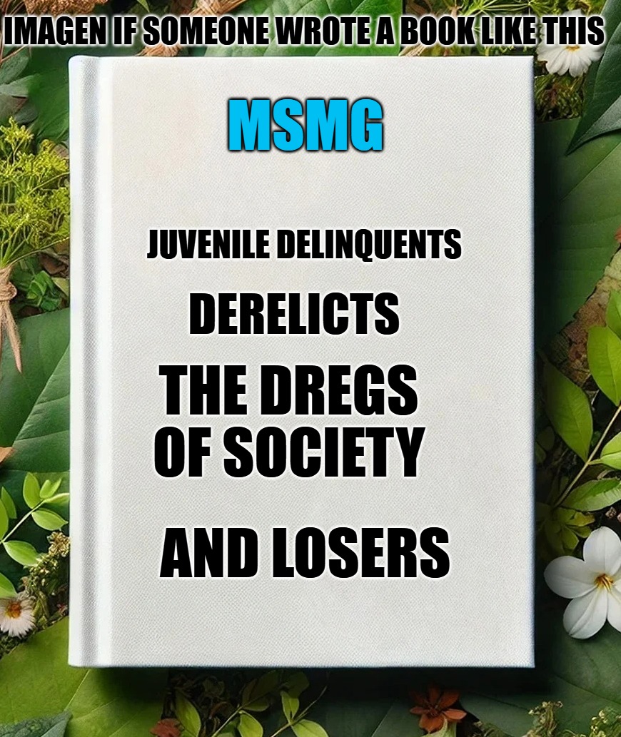 IMAGEN IF SOMEONE WROTE A BOOK LIKE THIS; MSMG; JUVENILE DELINQUENTS; DERELICTS; THE DREGS OF SOCIETY; AND LOSERS | made w/ Imgflip meme maker