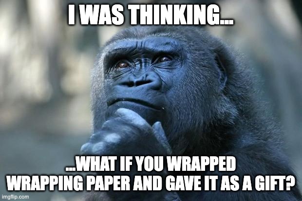 Thoughts raw from my mind | I WAS THINKING... ...WHAT IF YOU WRAPPED WRAPPING PAPER AND GAVE IT AS A GIFT? | image tagged in deep thoughts,memes,funny,fun,thinking,monkey | made w/ Imgflip meme maker