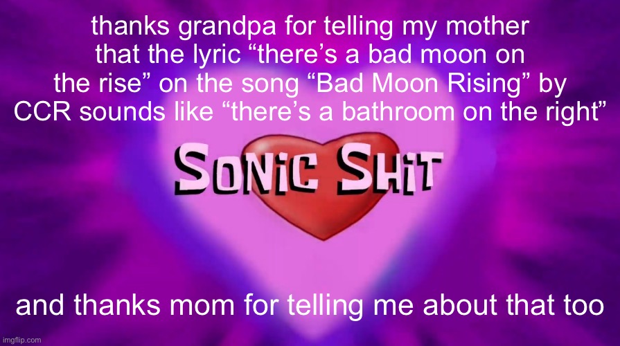 Sonic Shit | thanks grandpa for telling my mother that the lyric “there’s a bad moon on the rise” on the song “Bad Moon Rising” by CCR sounds like “there’s a bathroom on the right”; and thanks mom for telling me about that too | image tagged in sonic shit | made w/ Imgflip meme maker