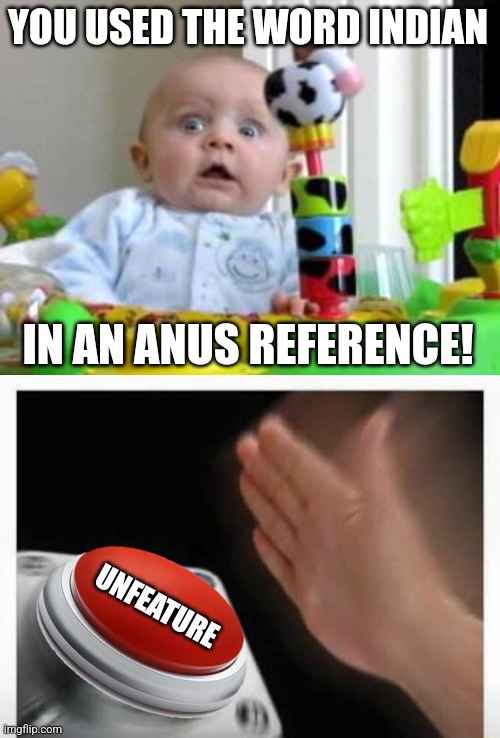 YOU USED THE WORD INDIAN IN AN ANUS REFERENCE! UNFEATURE | image tagged in scared baby 2,red button hand | made w/ Imgflip meme maker