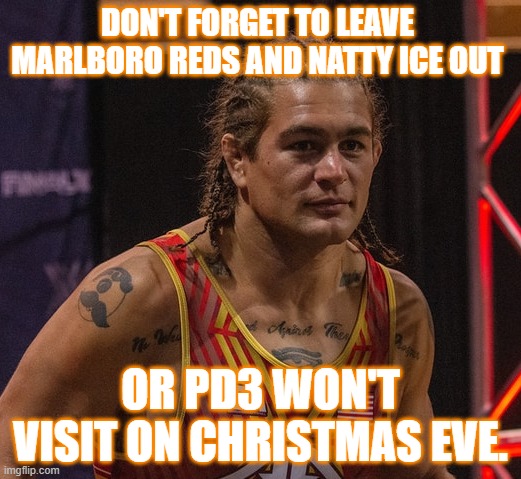 PD3 | DON'T FORGET TO LEAVE 
MARLBORO REDS AND NATTY ICE OUT; OR PD3 WON'T VISIT ON CHRISTMAS EVE. | image tagged in pd3 | made w/ Imgflip meme maker