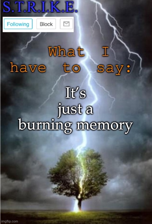 S.T.R.I.K.E. Announcement | It’s just a burning memory | image tagged in s t r i k e announcement | made w/ Imgflip meme maker