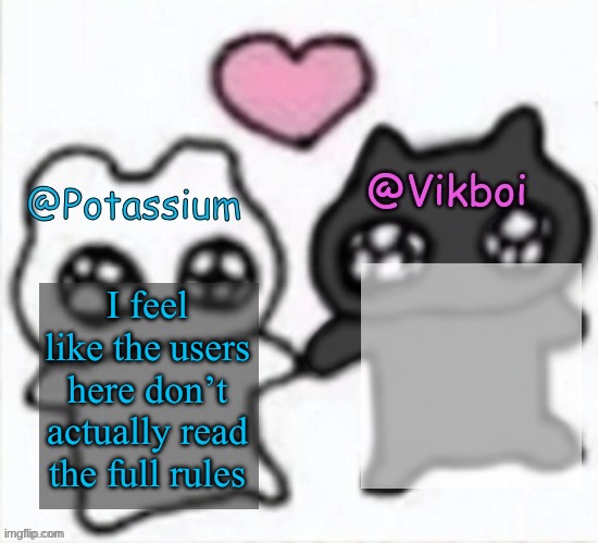 Potassium and Vikboi shared announcement template | I feel like the users here don’t actually read the full rules | image tagged in potassium and vikboi shared announcement template | made w/ Imgflip meme maker