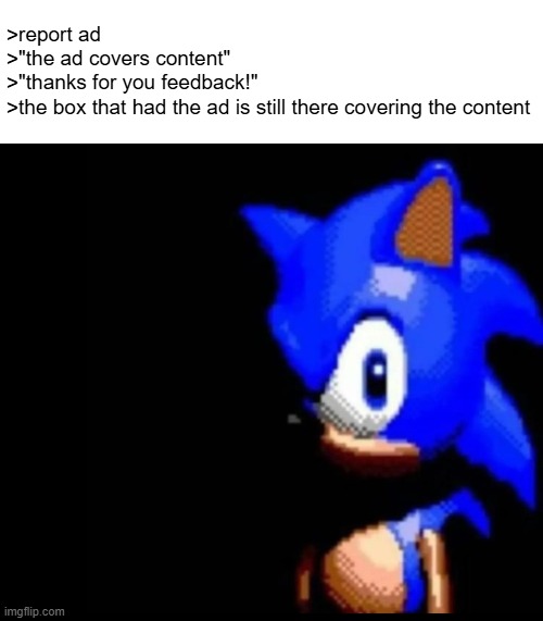 Sonic stares | >report ad
>"the ad covers content"
>"thanks for you feedback!"
>the box that had the ad is still there covering the content | image tagged in sonic stares | made w/ Imgflip meme maker