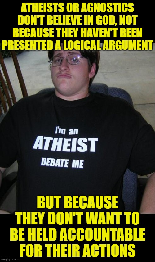 ATHEISTS OR AGNOSTICS DON'T BELIEVE IN GOD, NOT BECAUSE THEY HAVEN'T BEEN PRESENTED A LOGICAL ARGUMENT BUT BECAUSE THEY DON'T WANT TO BE HEL | image tagged in atheist | made w/ Imgflip meme maker