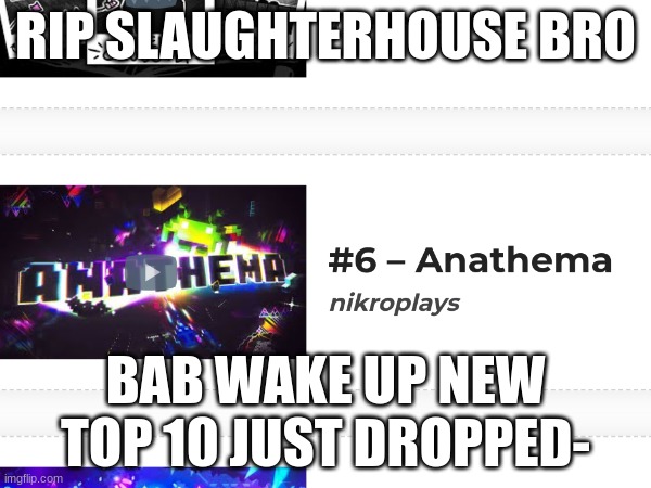 Rip slaughterhouse, fell outa the top 10 | RIP SLAUGHTERHOUSE BRO; BAB WAKE UP NEW TOP 10 JUST DROPPED- | image tagged in gd,slh,holy balls | made w/ Imgflip meme maker