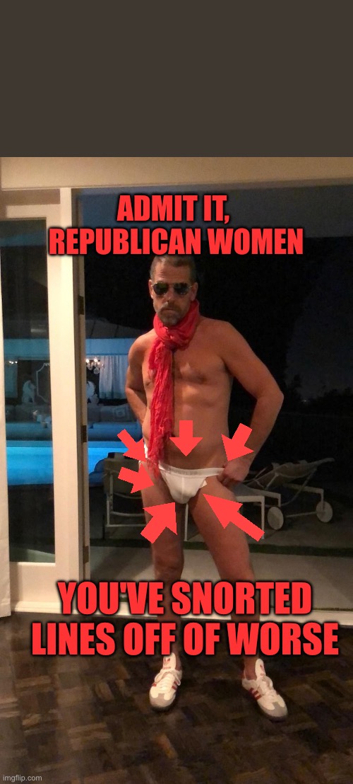 Republican women love hunters's hog | ADMIT IT, 
REPUBLICAN WOMEN; YOU'VE SNORTED LINES OFF OF WORSE | image tagged in hunter biden underwear | made w/ Imgflip meme maker