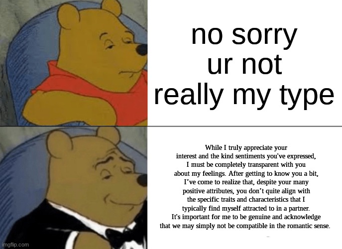 oops  accidentally wrote an English essay lol | no sorry ur not really my type; While I truly appreciate your interest and the kind sentiments you've expressed, I must be completely transparent with you about my feelings. After getting to know you a bit, I’ve come to realize that, despite your many positive attributes, you don’t quite align with the specific traits and characteristics that I typically find myself attracted to in a partner. It's important for me to be genuine and acknowledge that we may simply not be compatible in the romantic sense. | image tagged in memes,tuxedo winnie the pooh | made w/ Imgflip meme maker