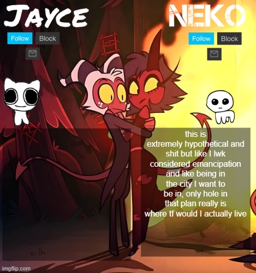 Jayce and neko HB temp | this is extremely hypothetical and shit but like I lwk considered emancipation and like being in the city I want to be in, only hole in that plan really is where tf would I actually live | image tagged in jayce and neko hb temp | made w/ Imgflip meme maker