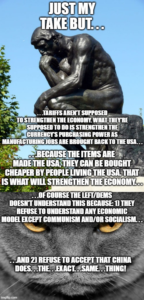 My two cents. . .now inflated to a whole bunch of cents no thanks to Bidenomics. | JUST MY TAKE BUT. . . . . .TARIFFS AREN'T SUPPOSED TO STRENGTHEN THE ECONOMY. WHAT THEY'RE SUPPOSED TO DO IS STRENGTHEN THE CURRENCY'S PURCHASING POWER AS MANUFACTURING JOBS ARE BROUGHT BACK TO THE USA. . . . . .BECAUSE THE ITEMS ARE MADE THE USA, THEY CAN BE BOUGHT CHEAPER BY PEOPLE LIVING THE USA. THAT IS WHAT WILL STRENGTHEN THE ECONOMY. . . . . .OF COURSE THE LEFT/DEMS DOESN'T UNDERSTAND THIS BECAUSE: 1) THEY REFUSE TO UNDERSTAND ANY ECONOMIC MODEL EXCEPT COMMUNISM AND/OR SOCIALISM. . . . . .AND 2) REFUSE TO ACCEPT THAT CHINA DOES. . .THE. . .EXACT. . .SAME. . .THING! | image tagged in the thinker,grumpy graey cat,economy,politics,political meme | made w/ Imgflip meme maker