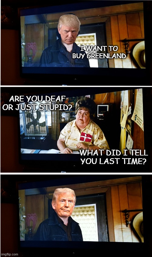 LOL | I WANT TO BUY GREENLAND; ARE YOU DEAF
OR JUST STUPID? WHAT DID I TELL
YOU LAST TIME? | image tagged in no country for old men,lol,greenland,not for sale,oops | made w/ Imgflip meme maker