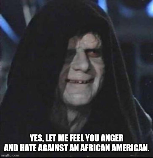 Sidious Error Meme | YES, LET ME FEEL YOU ANGER AND HATE AGAINST AN AFRICAN AMERICAN. | image tagged in memes,sidious error | made w/ Imgflip meme maker