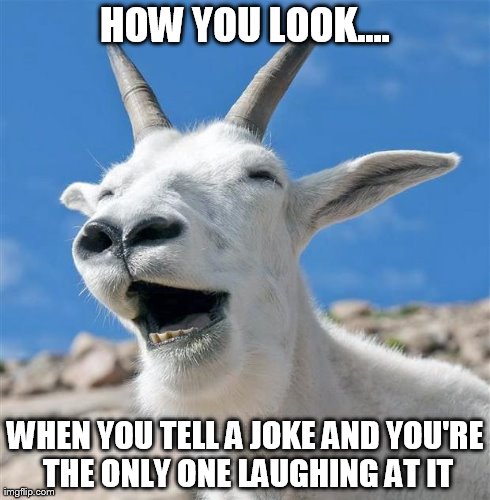 Laughing Goat Meme | HOW YOU LOOK.... WHEN YOU TELL A JOKE AND YOU'RE THE ONLY ONE LAUGHING AT IT | image tagged in memes,laughing goat | made w/ Imgflip meme maker