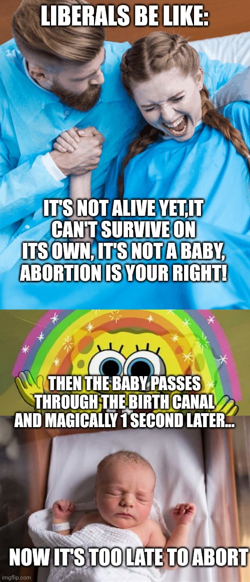 The magical birth canal -- transforms a fetus into a baby in seconds | LIBERALS BE LIKE:; IT'S NOT ALIVE YET,IT CAN'T SURVIVE ON ITS OWN, IT'S NOT A BABY, ABORTION IS YOUR RIGHT! THEN THE BABY PASSES THROUGH THE BIRTH CANAL AND MAGICALLY 1 SECOND LATER... NOW IT'S TOO LATE TO ABORT | image tagged in memes,imagination spongebob | made w/ Imgflip meme maker