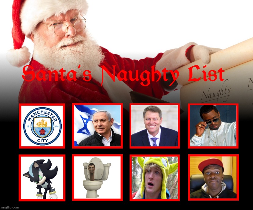 My own Naughty list 2024 (if you like Mephiles, I respect your opinion) | image tagged in ksi,logan paul,man city,naughty list,p diddy,skibidi toilet | made w/ Imgflip meme maker