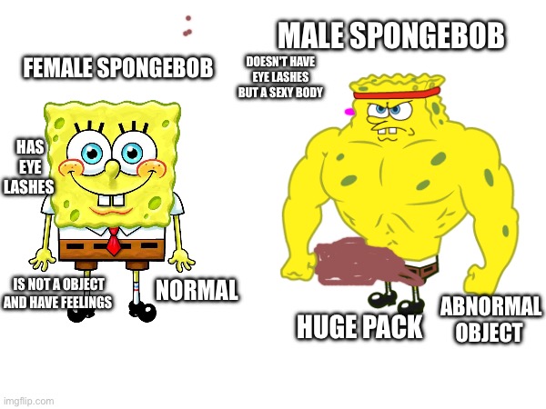 Did you know Spongebob is female | MALE SPONGEBOB; DOESN'T HAVE EYE LASHES BUT A SEXY BODY; FEMALE SPONGEBOB; HAS EYE LASHES; NORMAL; ABNORMAL OBJECT; IS NOT A OBJECT AND HAVE FEELINGS; HUGE PACK | image tagged in gender,spongebob,different,funny memes,meme | made w/ Imgflip meme maker