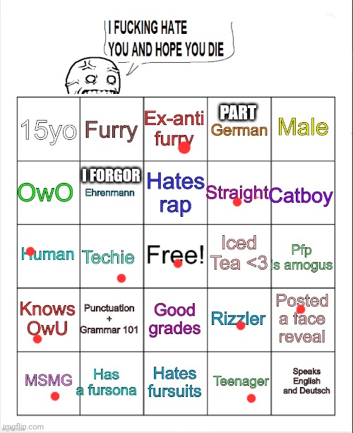 PetTheSprigatito’s bingo! | PART; I FORGOR | image tagged in petthesprigatito s bingo | made w/ Imgflip meme maker