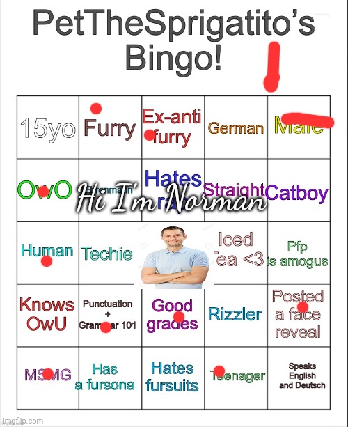 PetTheSprigatito’s bingo! | Hi I'm Norman | image tagged in petthesprigatito s bingo | made w/ Imgflip meme maker