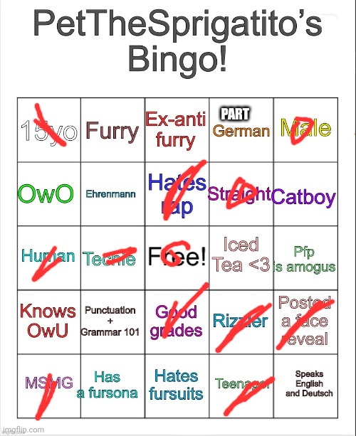 PetTheSprigatito’s bingo! | PART | image tagged in petthesprigatito s bingo | made w/ Imgflip meme maker