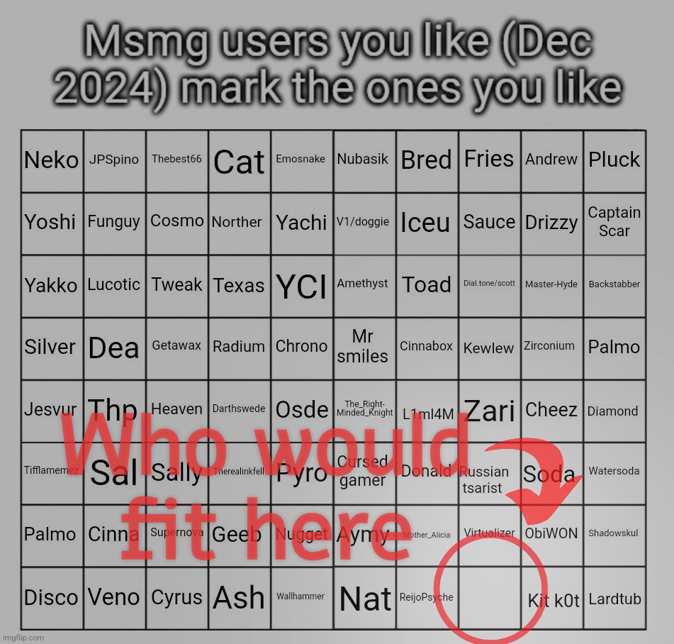 Who would fit here | image tagged in msmg,bingo | made w/ Imgflip meme maker