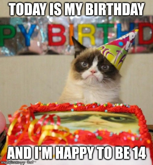 Today is my birthday | TODAY IS MY BIRTHDAY; AND I'M HAPPY TO BE 14 | image tagged in memes,grumpy cat birthday,grumpy cat | made w/ Imgflip meme maker