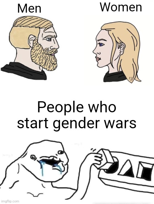 Women; Men; People who start gender wars | image tagged in chad male and female,stupid dumb drooling puzzle | made w/ Imgflip meme maker