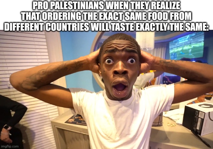 These are people who try to compare Palestinian and Israeli food, and call it proof of "Colonization" | PRO PALESTINIANS WHEN THEY REALIZE THAT ORDERING THE EXACT SAME FOOD FROM DIFFERENT COUNTRIES WILL TASTE EXACTLY THE SAME: | image tagged in suprised black man,stupid people,food | made w/ Imgflip meme maker