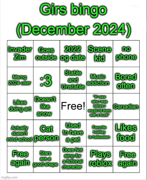 Girs bingo (december 2024) Blank Meme Template