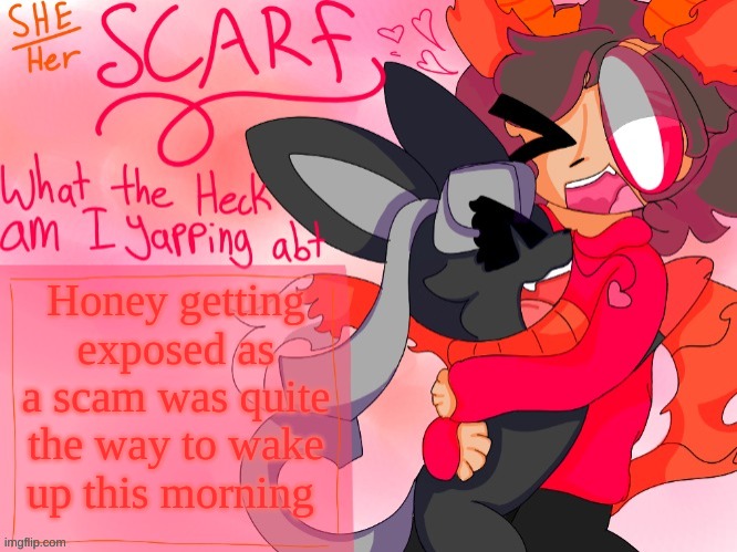 e | Honey getting exposed as a scam was quite the way to wake up this morning | image tagged in scarf template made by unicorn_eevee | made w/ Imgflip meme maker