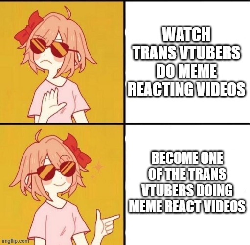 Who would watch me fr | WATCH TRANS VTUBERS DO MEME REACTING VIDEOS; BECOME ONE OF THE TRANS VTUBERS DOING MEME REACT VIDEOS | image tagged in trans girl drake meme,e | made w/ Imgflip meme maker