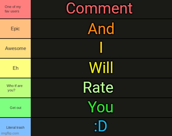 JPSpino's tier list | Comment; And; I; Will; Rate; You; :D | image tagged in jpspino's tier list | made w/ Imgflip meme maker