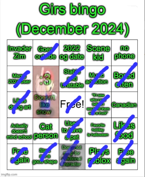 Girs bingo (december 2024) | image tagged in girs bingo december 2024,msmg | made w/ Imgflip meme maker