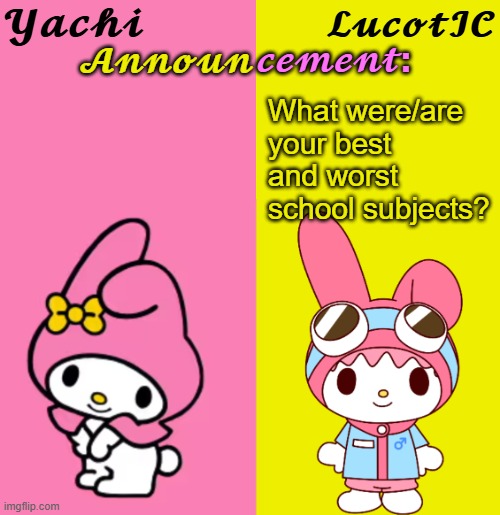 No clue bout my best but I hate math. The others were pretty easy. | What were/are your best and worst school subjects? | image tagged in yachi lucotic duo announcement temp | made w/ Imgflip meme maker