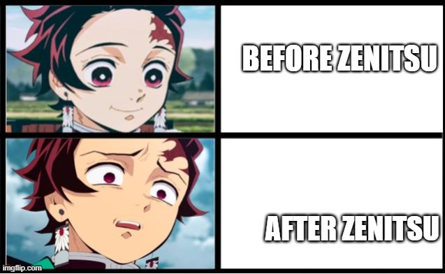 Tanjiro approval | BEFORE ZENITSU; AFTER ZENITSU | image tagged in tanjiro approval | made w/ Imgflip meme maker