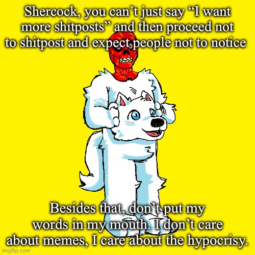 It’s simple really | Shercock, you can’t just say “I want more shitposts” and then proceed not to shitpost and expect people not to notice; Besides that, don’t put my words in my mouth. I don’t care about memes, I care about the hypocrisy. | image tagged in vita mimic furry | made w/ Imgflip meme maker